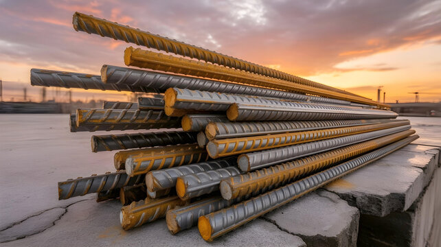 A stack of corroded and new rebar lies on a concrete slab against a vibrant sunrise, symbolizing a blend of decay and new construction
