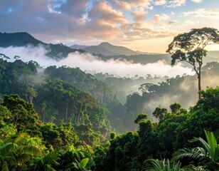 Lush rainforest valleys shrouded in morning mist, showcasing a vibrant tapestry of greenery and misty mountaintops.