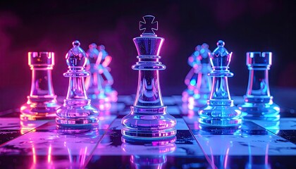 Neon chess pieces on a board