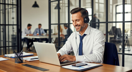 Fototapeta premium Smiling Professional Man Wearing Headphones Working on Laptop in Modern Office, Balancing Focus, Productivity, Enjoyment, and Business Success.