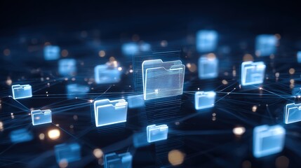 Abstract network grid with files and folders, futuristic software interface, digital document management system, store, search and organize documents, corporate business, paperless office	
