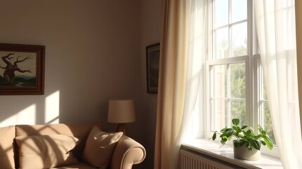 Serene living room bathed in warm sunlight, featuring a plush sofa, artwork, and a plant by the window, creating a cozy, inviting atmosphere for relaxation and home decor inspiration.