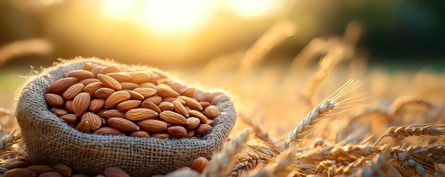 Raw almonds in burlap sack surrounded by golden wheat stalks at sunset, warm sunlight creating natural glow and bokeh effect in agricultural field.