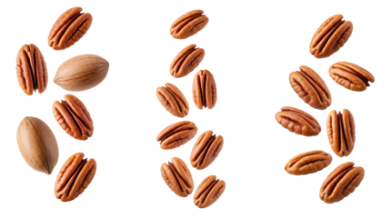 Pecans set PNG. Raw and fresh Pecans falling down isolated. Pecan nuts scattered png. Organic Pecans for diet and wellness visuals isolated
