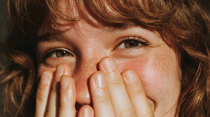 Smiling woman with freckles, radiant and joyful, covering mouth with hands, capturing the moment