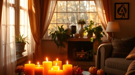 Cozy autumn evening ambiance with warm candlelight and glowing pumpkins by a sunlit window