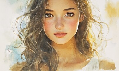 Watercolor Portrait of a Beautiful Young Woman with Freckles and Brown Hair