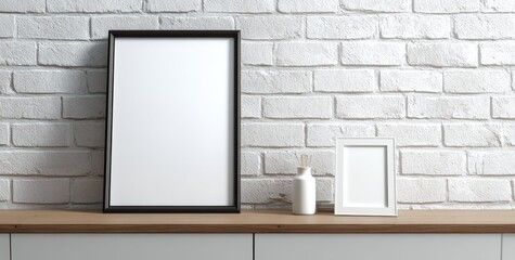 Minimalist framed art prints on a wooden shelf against white brick wall.