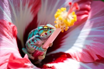 Obraz premium Colorful chameleon resting inside a vibrant pink hibiscus flower.