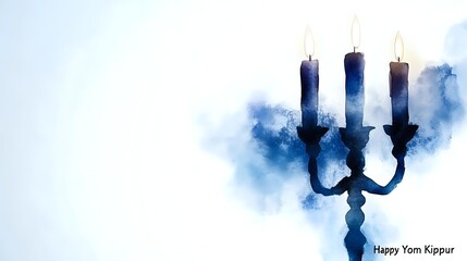 Watercolor style candelabra with three burning candles against blue smoke background, Jewish holiday greeting card design for Yom Kippur celebration.
