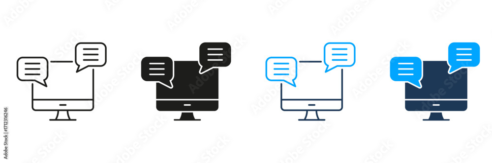 Poster computer with chat bubbles line and solid icon set. online communication, messaging, and digital int