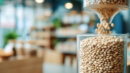 Closeup medium shot of beans flowing through a transparent bulk station container main hopper in crisp focus emphasizing sustainable refilling and ecofriendly shopping.