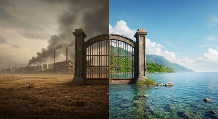 Environmental Divide: An allegorical artwork depicts a stark contrast between a polluted industrial landscape and a serene natural paradise, separated by a gated boundary.