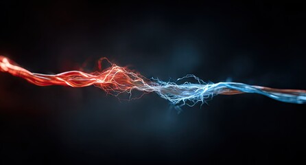 Abstract energy streams of red and blue light against a dark background.