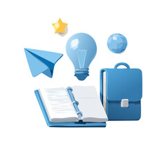 Stylized illustration of school and learning elements: notebook, paper airplane, lightbulb, sphere, star, and briefcase.