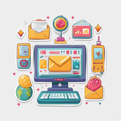 Colorful cartoon illustration of various email communication tools, including computer, envelopes, and phones.