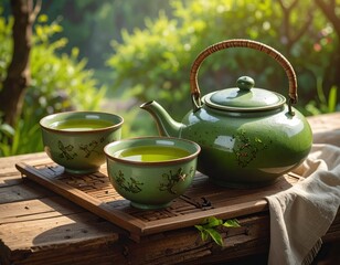 A ceramic tea set, featuring two cups and a teapot, sits on a rustic wooden tray outdoors, bathed in natural sunlight, showcasing a serene and tranquil scene.