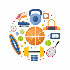A circular arrangement of various sports equipment including a basketball, tennis racket, weights, and other athletic gear.