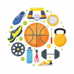 Fitness equipment and sports items arranged around a basketball, symbolizing a healthy and active lifestyle.