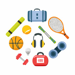 Collection of various sports and fitness equipment arranged in a circular composition on a white background.