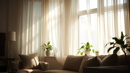 Serene living room bathed in warm sunlight streaming through sheer curtains, creating a peaceful and inviting atmosphere for relaxation.