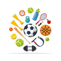 A colorful illustration featuring various sports equipment arranged in a circular pattern.