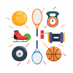 Collection of sports equipment including balls, rackets, weights, and a skate, arranged in a circular pattern.