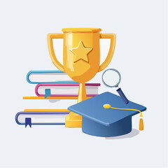 A golden trophy sits atop a stack of books, accompanied by a graduation cap and magnifying glass, symbolizing academic achievement and success.