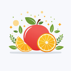 A vibrant illustration showcasing a whole orange with slices, leaves, and decorative elements.