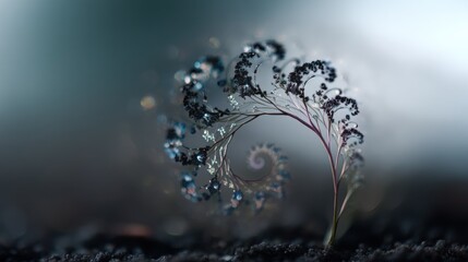 Digital art piece that appears to be a close-up of a plant with a spiral-like design. the plant has a thin stem with small black flowers on it.