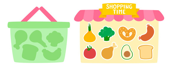 Market mini game for kids with shopping basket and products silhouette. Food market game.