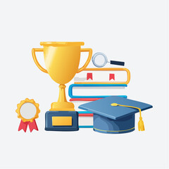 Illustration of a golden trophy, books, graduation cap, magnifying glass, and award ribbon on a white background.