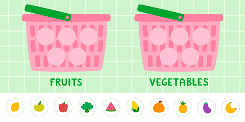 Fruits and vegetables matching game for kids. Cute food cartoon market game.