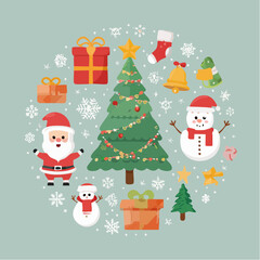 Cheerful Christmas icons arranged around a decorated tree.