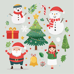 Festive Christmas illustration featuring Santa Claus, snowmen, a decorated tree, and other holiday elements.