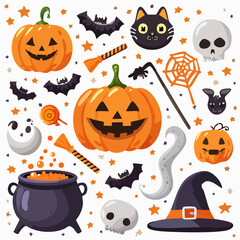 Colorful Halloween-themed illustration featuring pumpkins, bats, skulls, and other festive elements.
