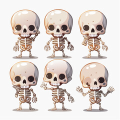 Six cartoon skeletons with different poses and expressions, standing against a white background.