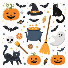 A collection of whimsical Halloween-themed illustrations featuring pumpkins, bats, and a witch's cauldron.