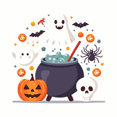 Halloween themed illustration featuring a cauldron, spooky elements, and a jack-o'-lantern.