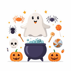 A cheerful ghost floats above a Halloween cauldron, surrounded by pumpkins, spiders, and sweets.