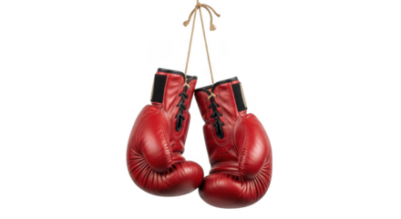 Pair of red boxing gloves hanging isolated on transparent background