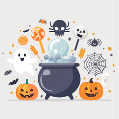 A cheerful Halloween collection of cartoon pumpkins, bats, witches' hats, skulls, and a cauldron.