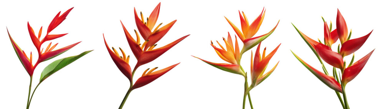 Set of beautiful Heliconia flowers isolated on transparent background.