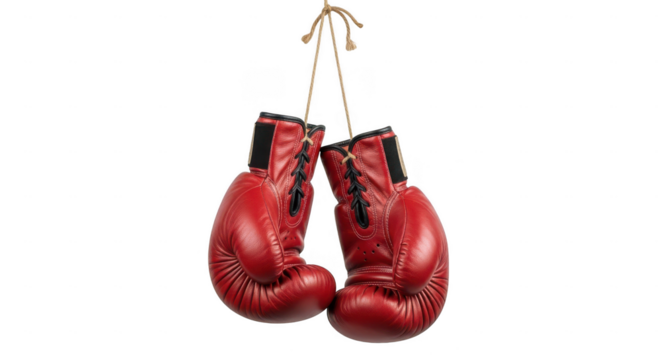 Pair of red boxing gloves hanging isolated on transparent background