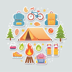 A colorful illustration featuring camping equipment and outdoor adventure elements arranged in a circular composition.