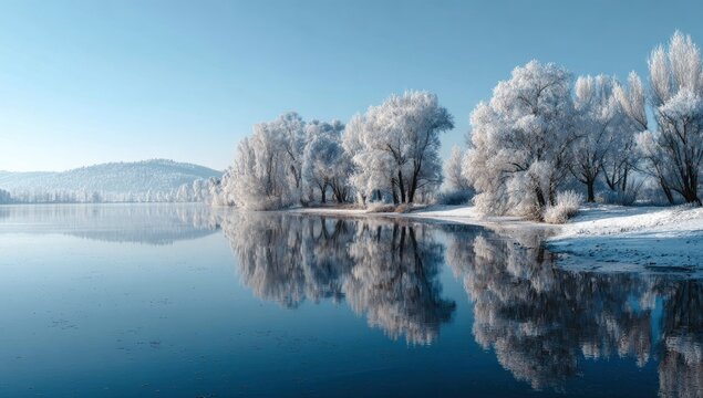 Frosty trees reflected in a calm, winter lake