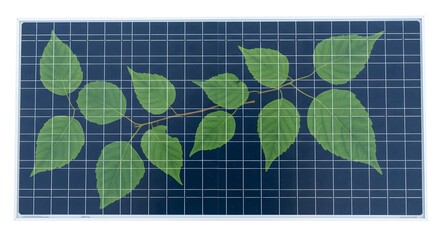 A detailed diagram of green leaves on a branch set against a grid background, perfect for ecological or scientific illustration. The leaves show intricate details, creating a harmonious image
