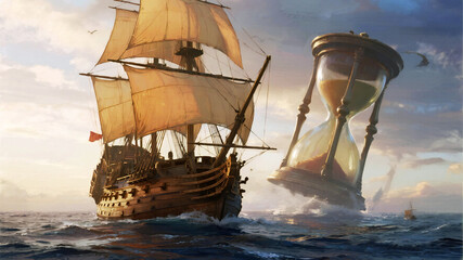 Columbus Day Majestic tall ship sails through stormy seas past a colossal hourglass, symbolizing the relentless passage of time and enduring journeys through challenging eras.