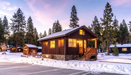 Cozy cabins nestled in snowy woods at twilight