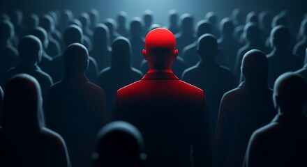 A single person in a red suit stands out from a crowd of dark figures, symbolizing individuality and leadership in a group